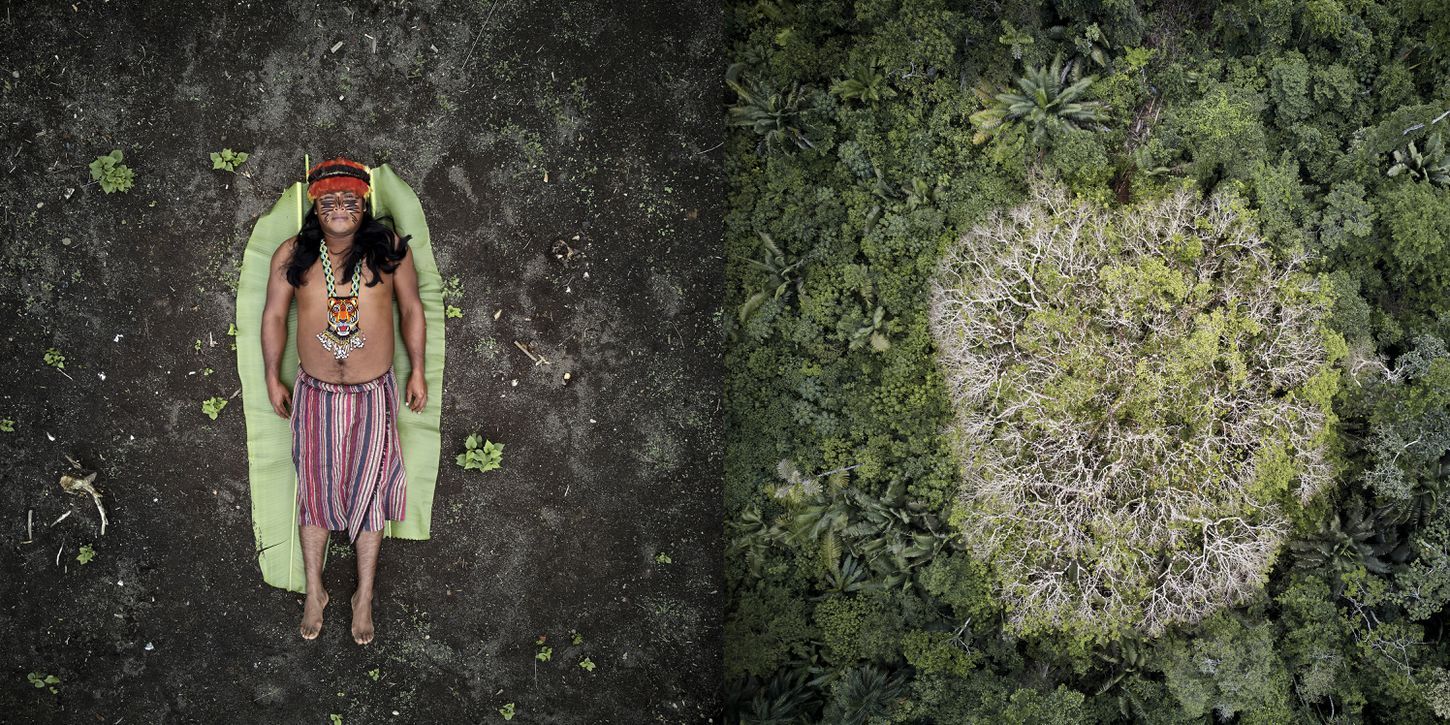 José, one of the leaders of the Achuar Indigenous people, juxtaposed with the Achuar rainforest in Ecuador. Image by Pablo Albarenga. Ecuador, 2019.