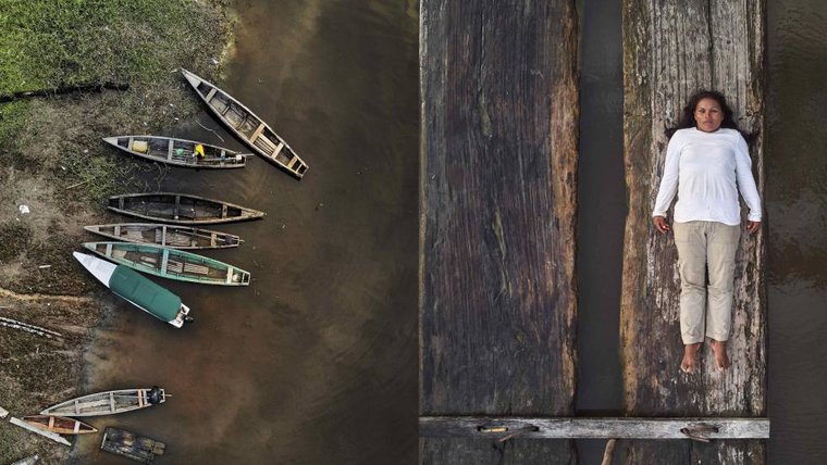 Right: Lilia leaning against the Tarapoto river. Left: Some local fishermen's boats in the community where Lilia lives, along the Tarapoto River. Images by Pablo Albarenga. Colombia, 2020.