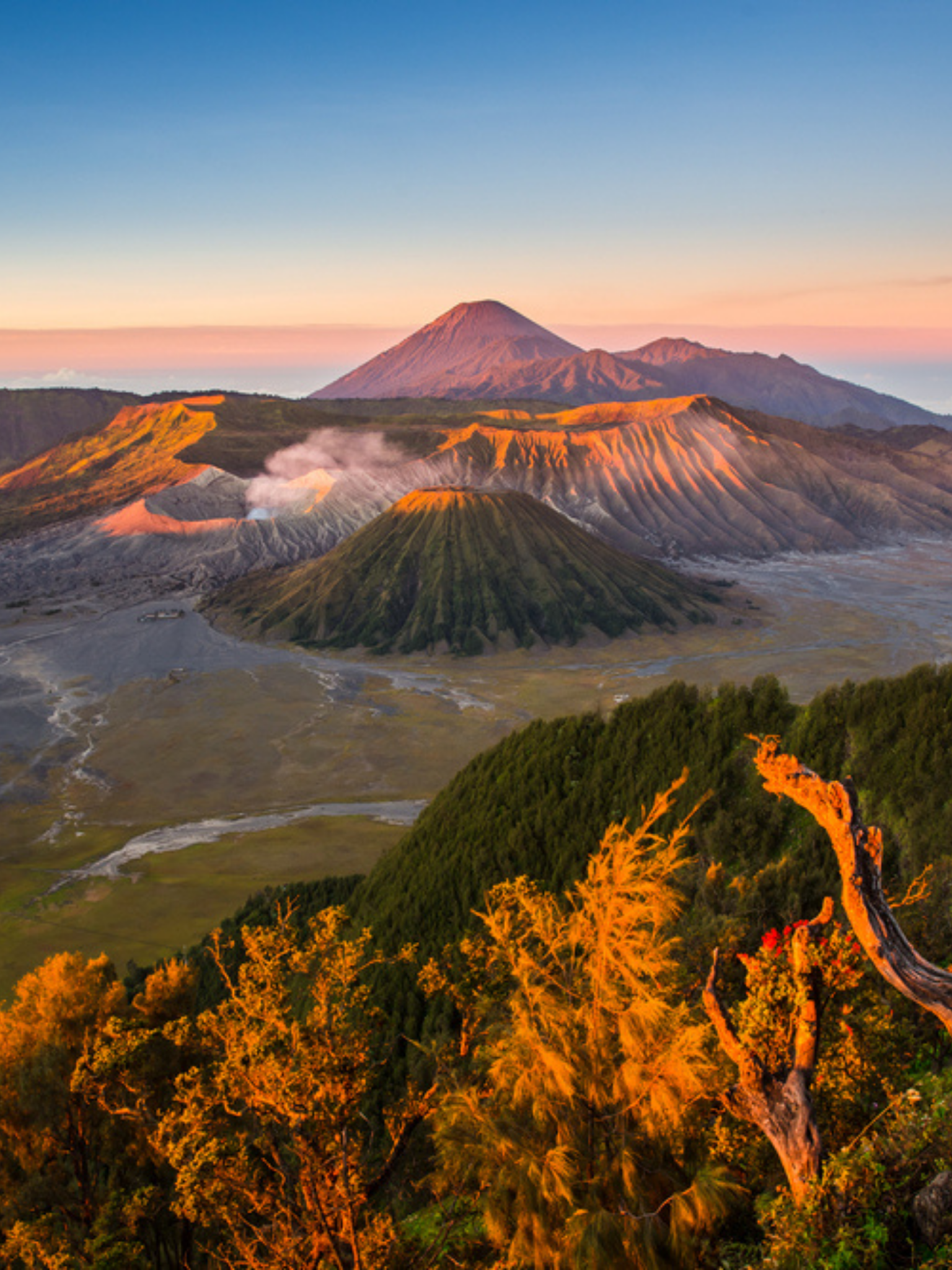 An aerial overview of a volcano and a national park.