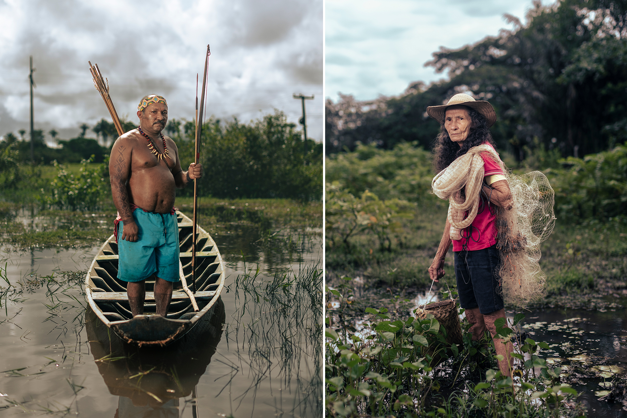 Two images. In the first, a man stands in blue swim trunks inside of a small wooden canoe. In the second, an elderly woman holds a fishing net as she stands in a marsh. Both are posing for their portraits.
