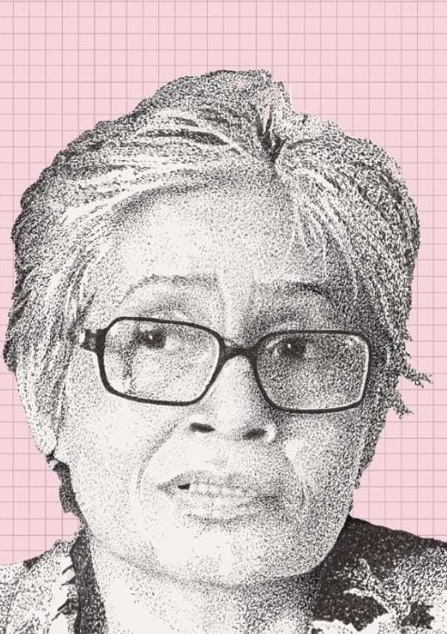 Black and white sketched rendering of Maya Sharma, wearing glasses and short hair