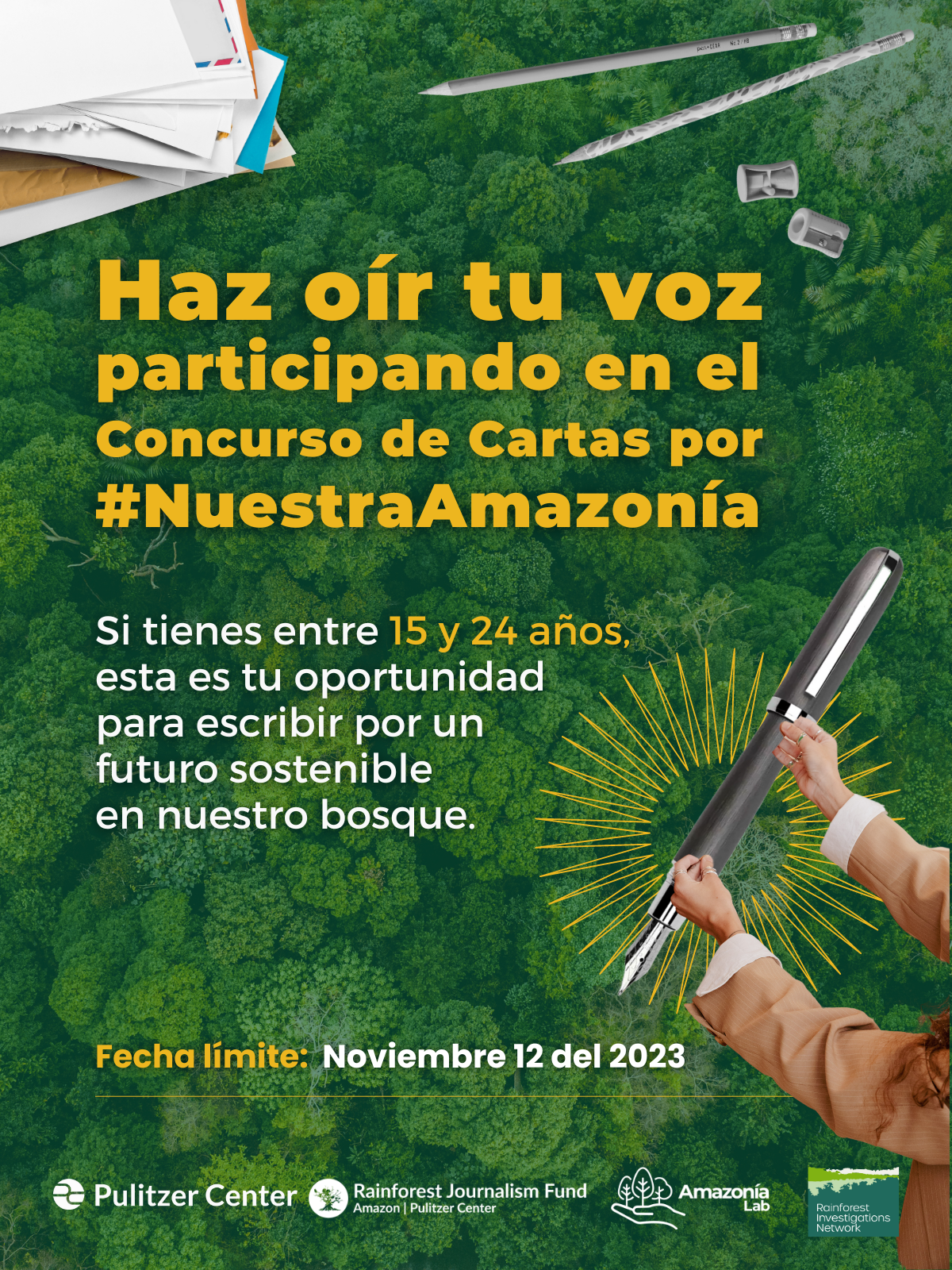 graphic with text showing a hand holding writing utensils overlaid on a background of rainforest foliage