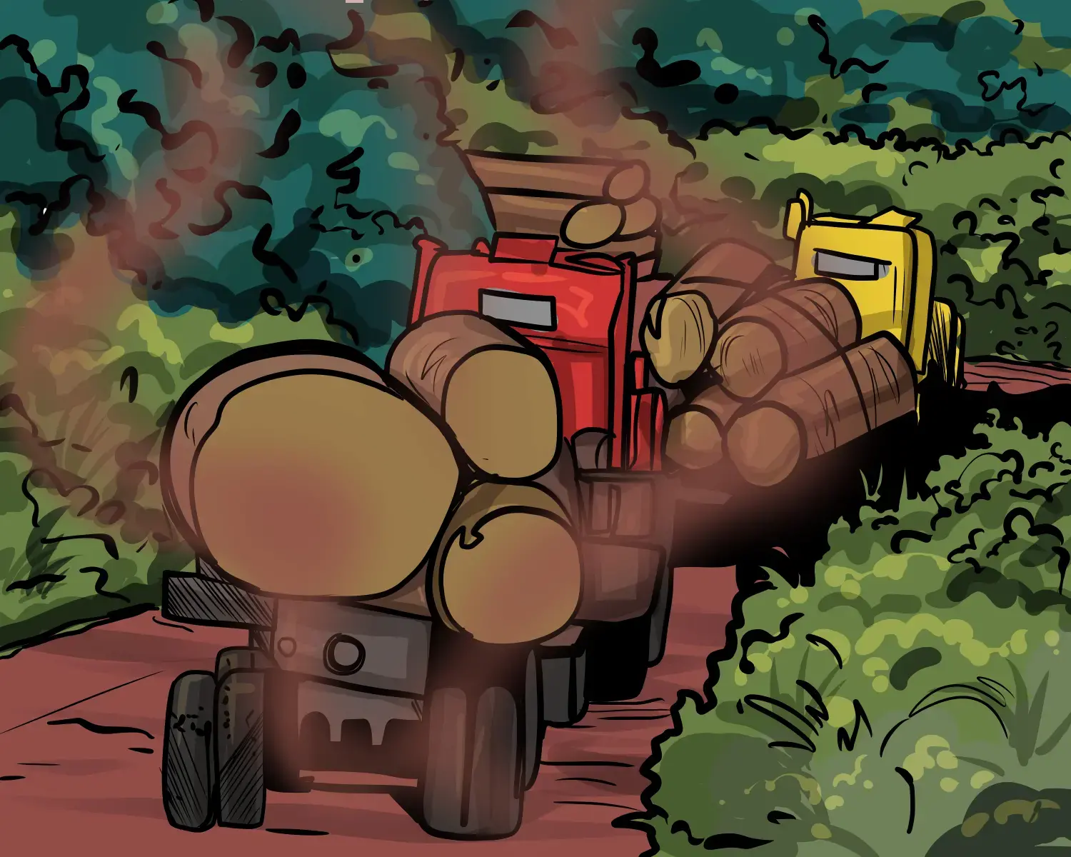 illustration of a line of three trucks loaded with logs driving through a forested dirt road