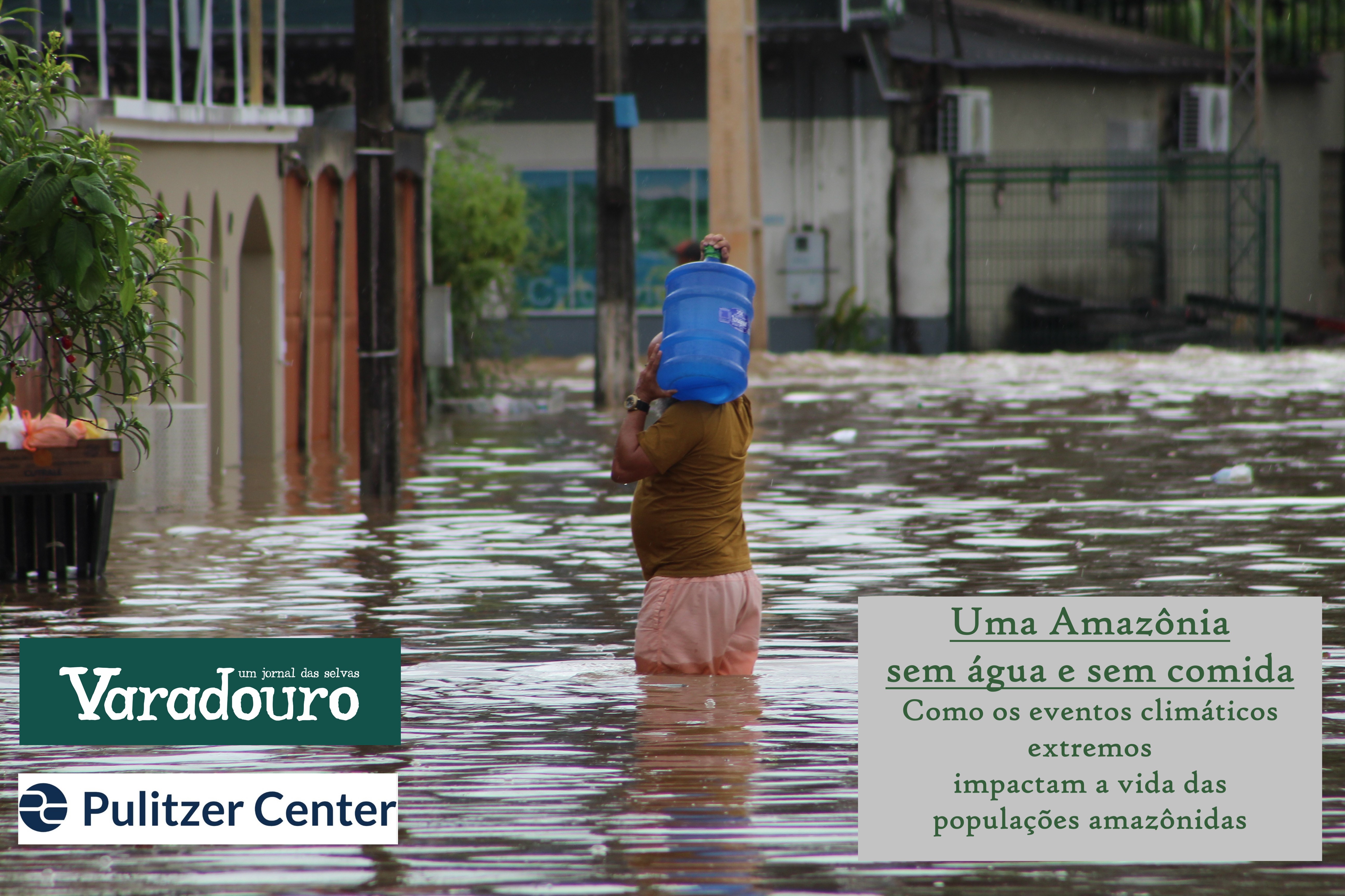 A man is half submerged in overflowing water while he carries a blue can of clean water on his shoulders.