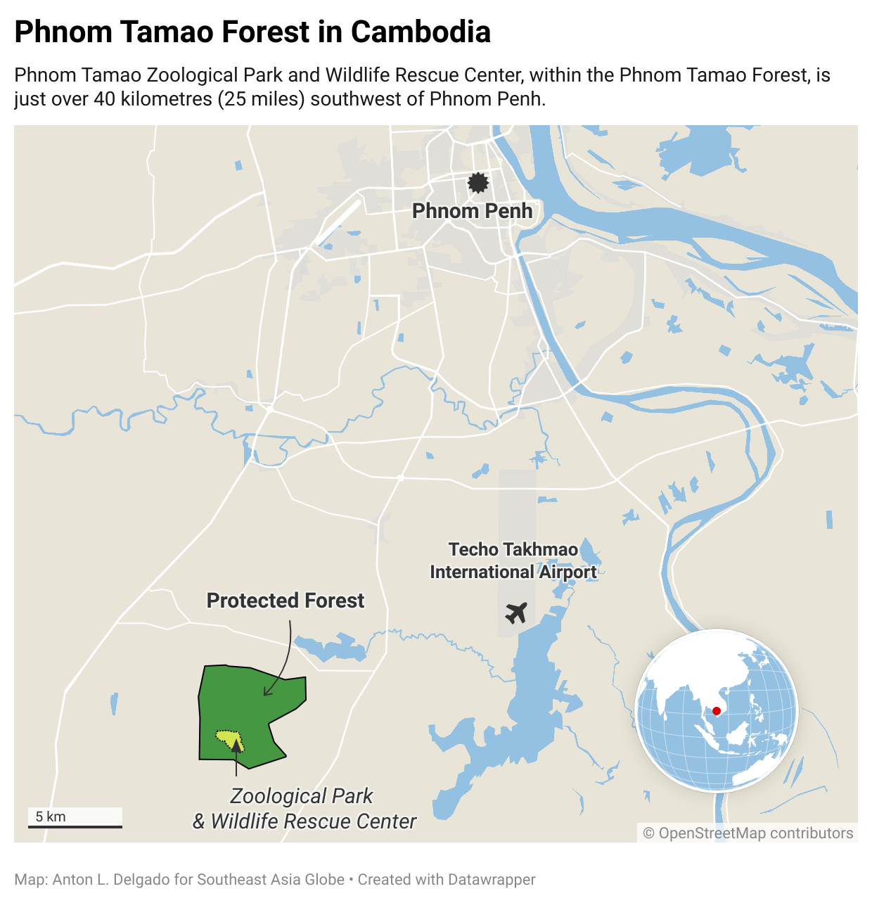 A map that locates the Phnom Tamao Zoological park and Wildlife Rescue Center in comparison to Phnom Pehn and the Techo Takhmao International Airport. 
