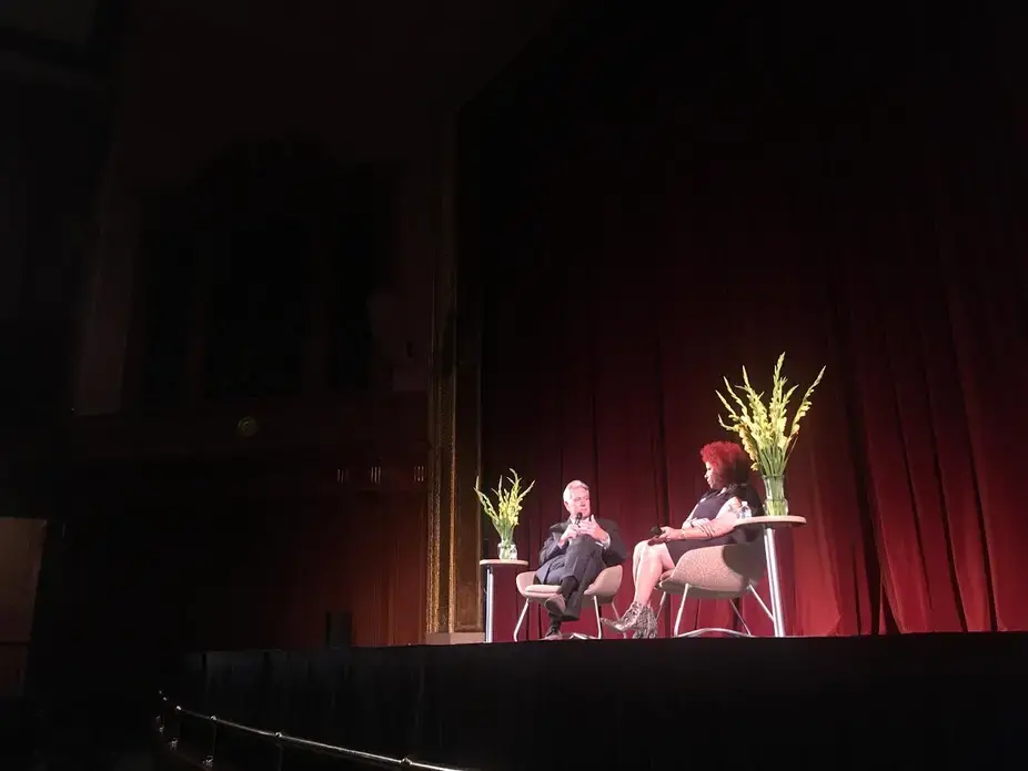 Pulitzer Center's founder and Executive Director Jon Sawyer discusses the development of The 1619 Project with Nikole Hannah-Jones at R.J. Reynolds High School in Winston-Salem, NC. Image by Fareed Mostoufi. United States, 2019.