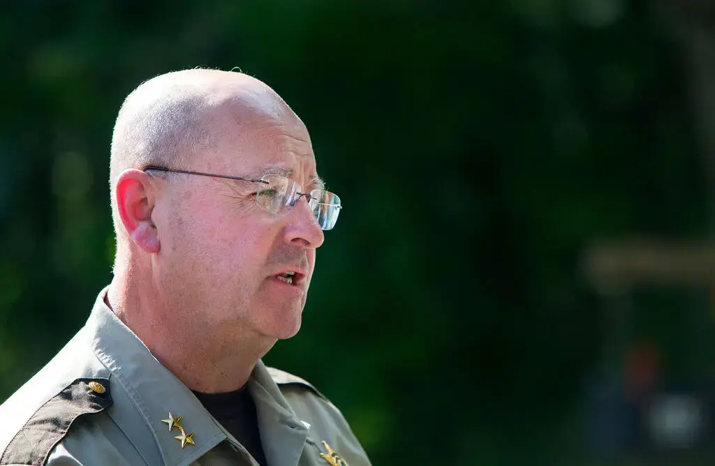 Sheriff Dale Lancaster addresses the media during a press conference in 2017. Credit: Ashley L. Conti / BDN.