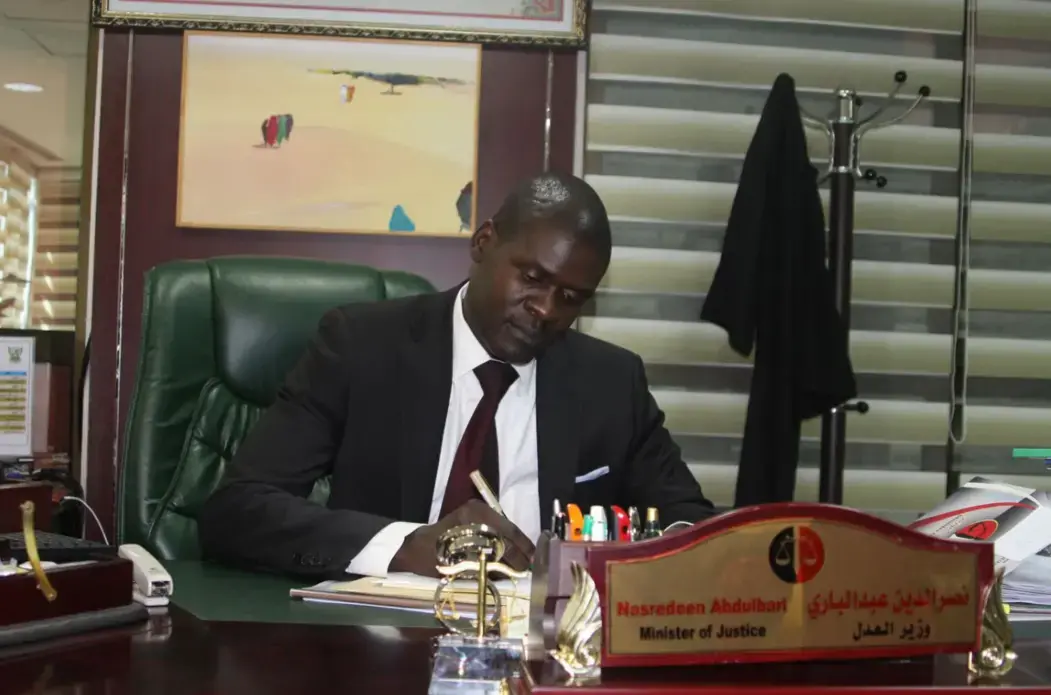 Sudanese Minister of Justice Nasredeen Abdulbari at work. Image by Rebecca Hamilton. Sudan, 2019.