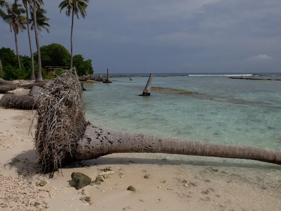 In the Maldives, most of the country's 1,200 coral islands experience shore erosion, which environmentalists attribute to the degradation of reef systems, harbor construction, and storm surges. Image by Kai Schultz. Maldives, 2017.