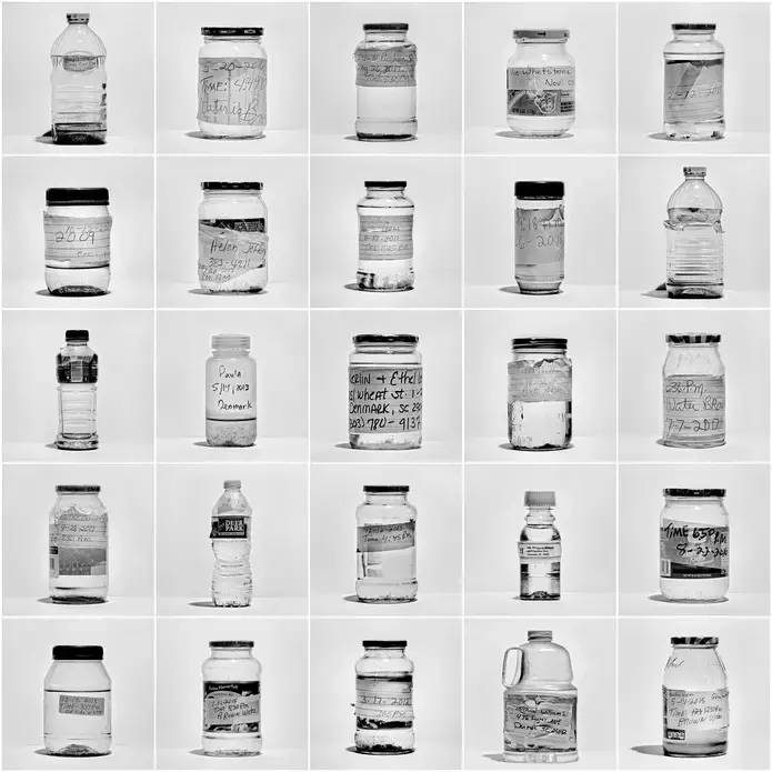 Denmark, S.C. | Water samples collected over a decade by Eugene “Horseman” Smith, 74, and his wife Pauline Ray Brown, 77; the couple began collecting the water and having it tested when they started to suspect, correctly, that it was contaminated. Image by Matt Black—Magnum Photos for TIME. United States, 2019.