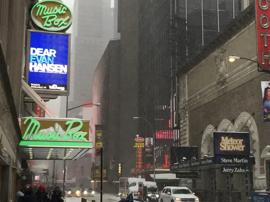 Even amid inches of snow and sub-zero temperatures, Dear Evan Hansen continues to sell out at the Music Box Theatre, located on 45th Street in New York City. Image by Sarah Shevenock. United States, 2018.