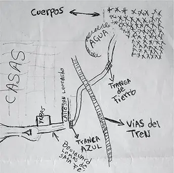 A map of the mass gravesite at Colinas de Santa Fe. Image by Jesse Alejandro Cottrell. Mexico, 2018.