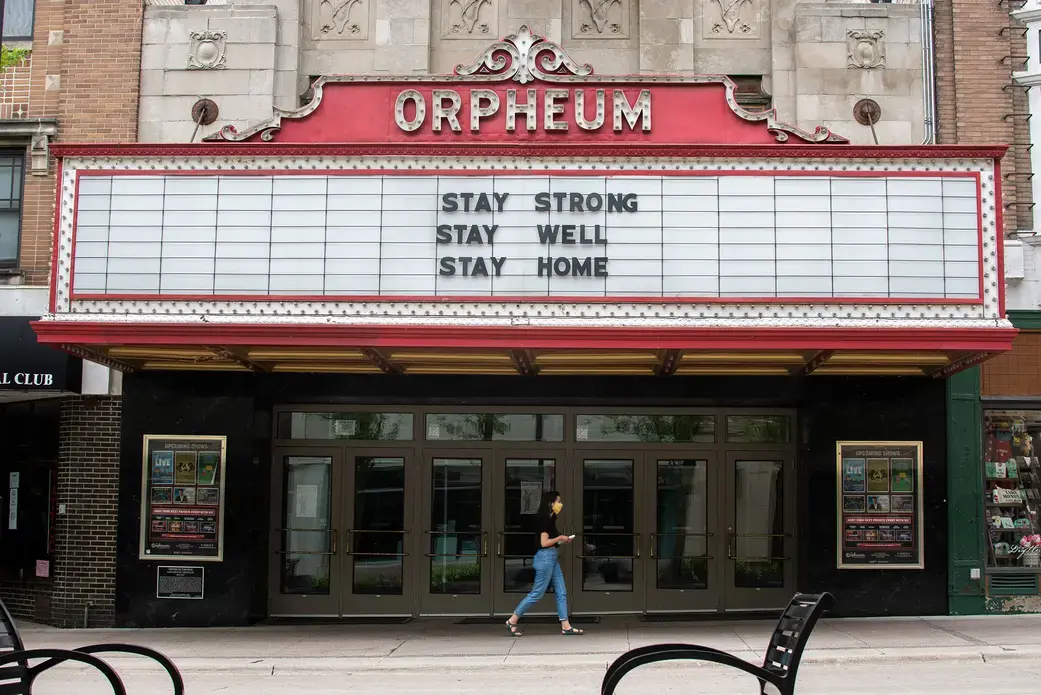 Local businesses in Madison, Wisconsin prepared to reopen on May 26, 2020. The Orpheum Theater on State. Image by Lawrence Andrea. United States, 2020.