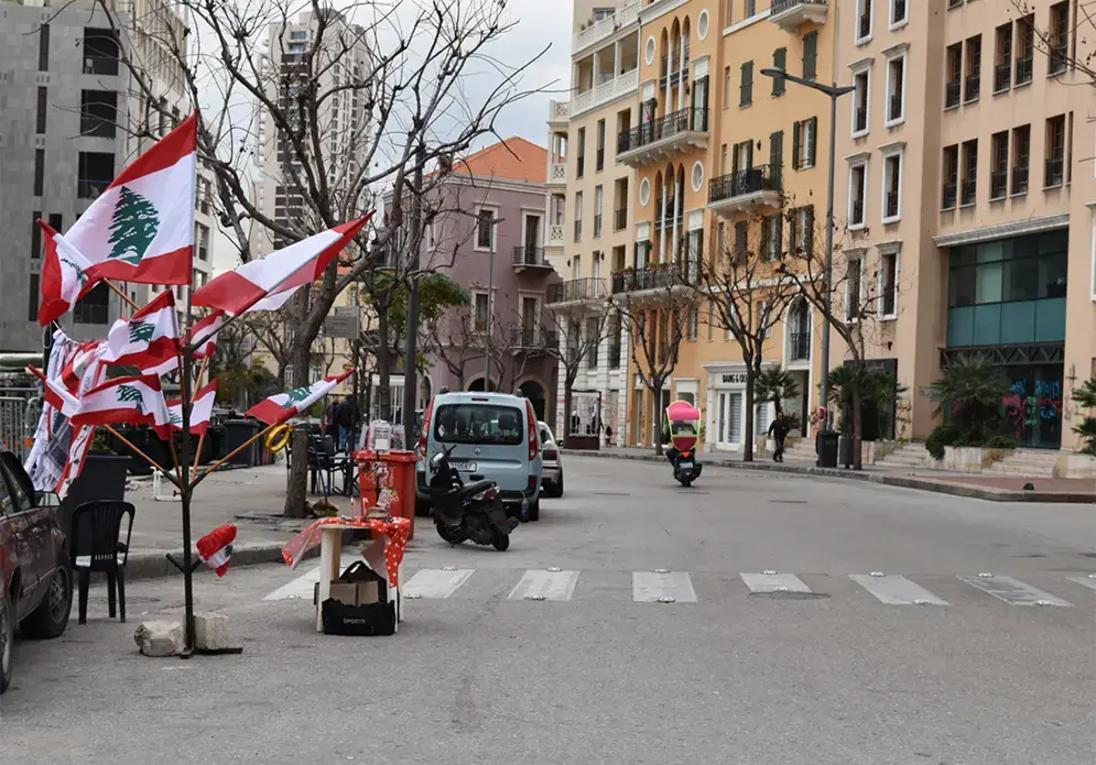 A street in downtown Beirut, Lebanon with Lebanese flags.