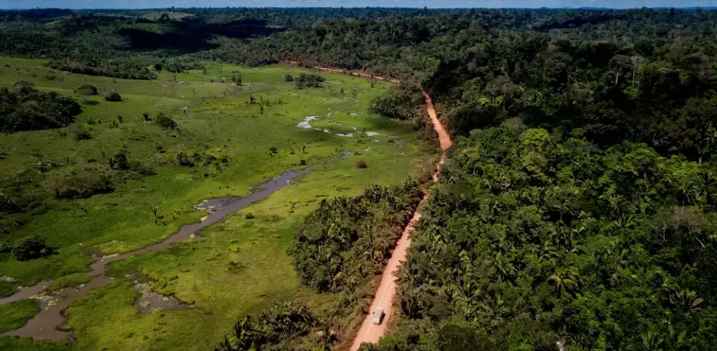 A truck motors along the Trans-Amazonian Highway, straddling protected Indigenous land at right and unprotected land that has been clear-cut at left, in Pará State, Brazil. Image by Spenser Heaps. Brazil, 2019.
