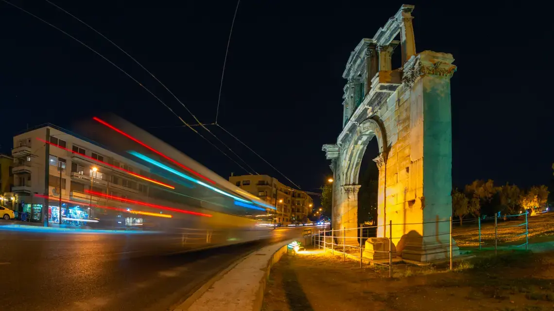 In the Arch of Hadrian at night. Image by Kostas Tsek / Shutterstock. Greece, undated.