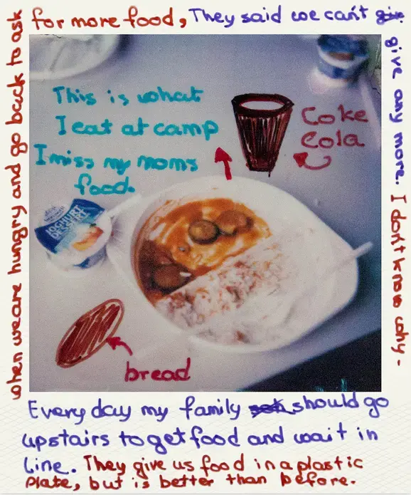 Milad photographed a meal of vegetables and rice that he and other migrants were given at their shelter in Dusseldorf. He drew in the bread and Coca-Cola he wished he had. He told Markosian he misses his mother’s cooking. Image by Milad Akhabyar. Germany, 2017. 