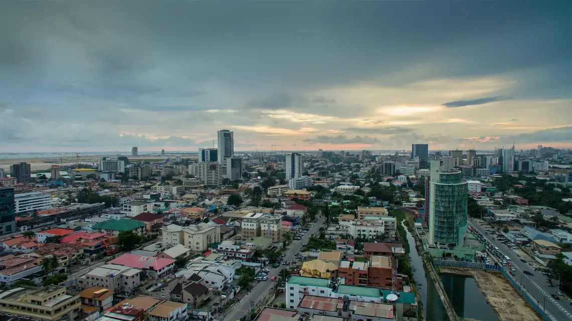 Aerial view of Victoria Island, Lagos, Nigeria. Image by Bolarzeal / Shutterstock. Nigeria, undated.