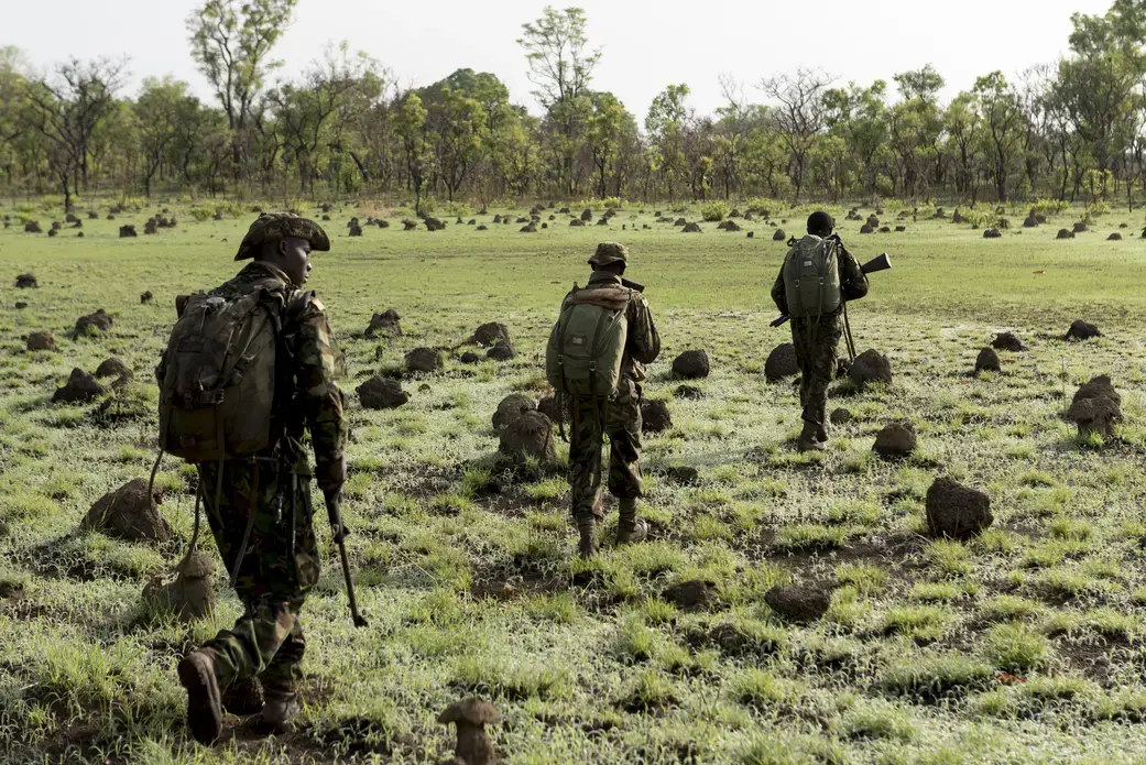 Rangers employed by the Chinko Project, in eastern Central African Republic, set out on a morning patrol to look for poachers and armed cattle herders.