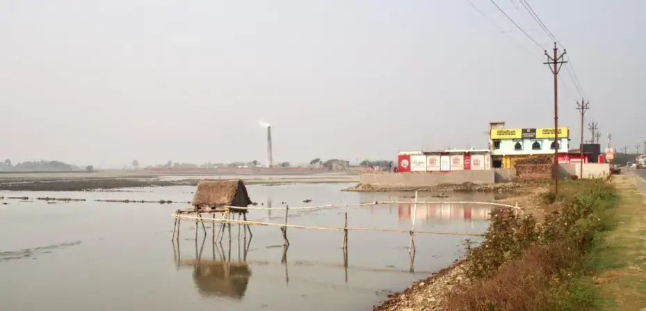 Paddy fields in the Indian Bengal Delta are converting to aquaculture and brick kilns, including in Minakhan a few hours from Kolkata. Commercial aquaculture is profitable but can leak saltwater into the surrounding soil. Brick kilns produce material for the expanding city; their number has expanded by 18% between 2010-11 and 2016-17 in the delta. Image by Vaishnavi Chandrashekhar. India, undated.