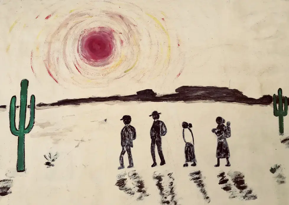 A painting of migrants by Sister Betty Campbell, at her home in Juárez. Image by Lily Moore-Eissenberg. Mexico, 2019.