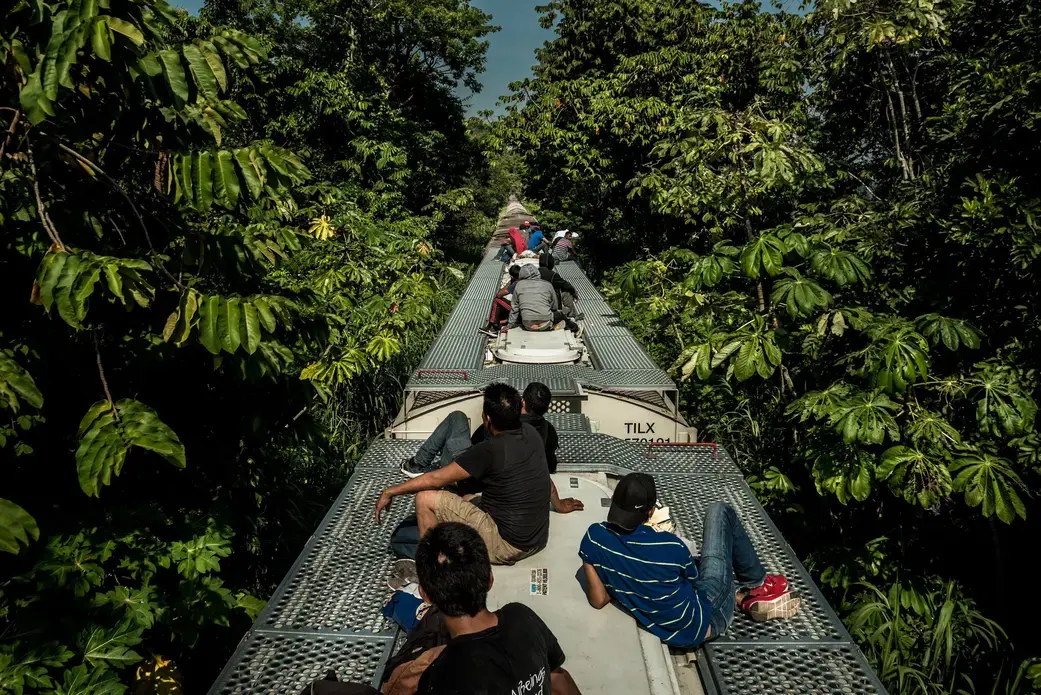 Migrants from Central America riding north on the Bestia freight rail line. Image by Meridith Kohut. Tabasco, Mexico, 2020.