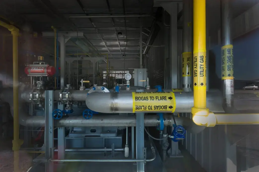 A building housing membrane technology to remove impurities from manure-generated methane gas at Pagel's Ponderosa Dairy in Kewaunee County. Image by Mark Hoffman. United States, 2019.