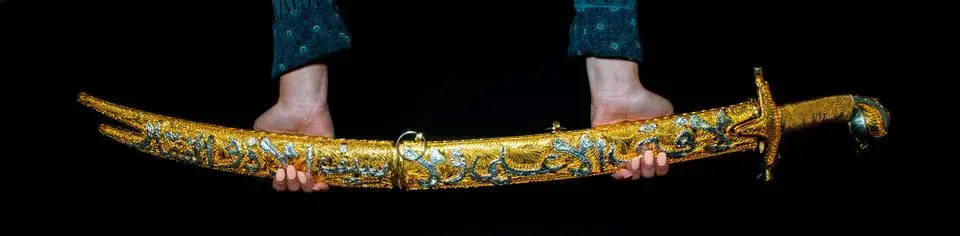 The Zulfiqar is a mystic sword connected to the Prophet Mohammad and his son-in-law Imam Ali ibn Abi Talib. Image by Jake May. XXCountry, 2019.