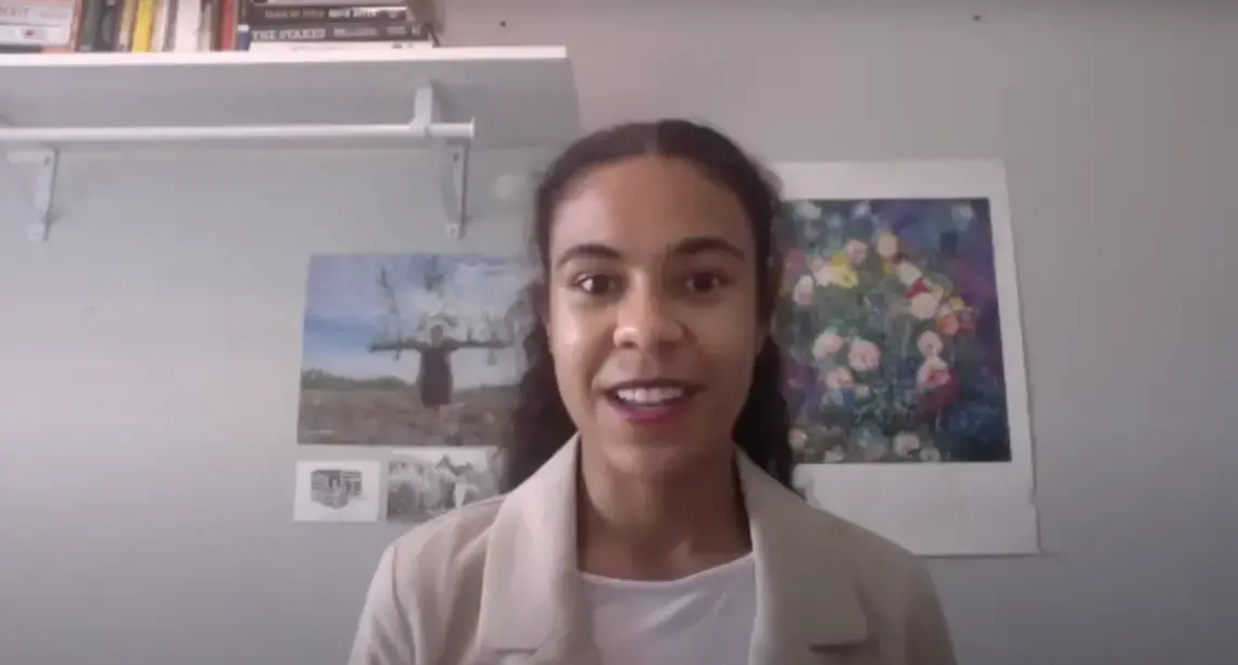 Grantee Brittany Gibson speaks during a Talks @ Pulitzer Zoom webinar. United States, 2020.