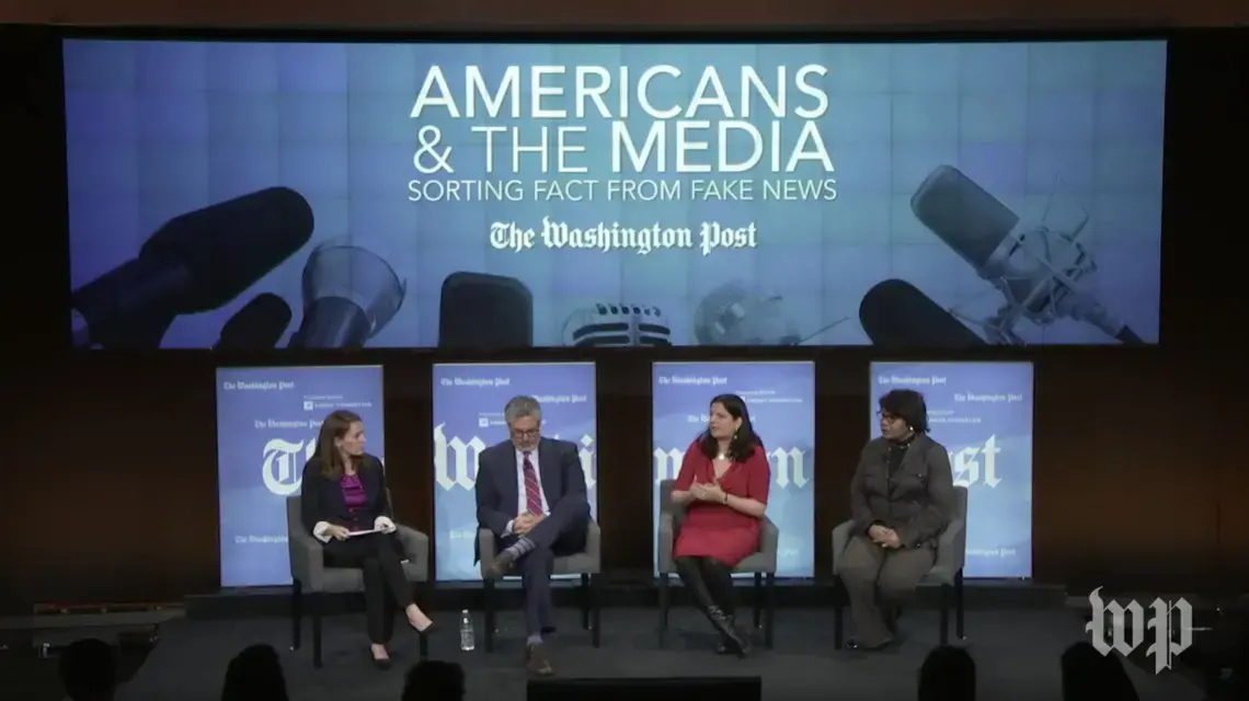 Pulitzer Center Executive Editor Indira Lakshman speaks President Trump's use of the term "Fake News." Screenshot from a Washington Post video stream. United States, 2018.