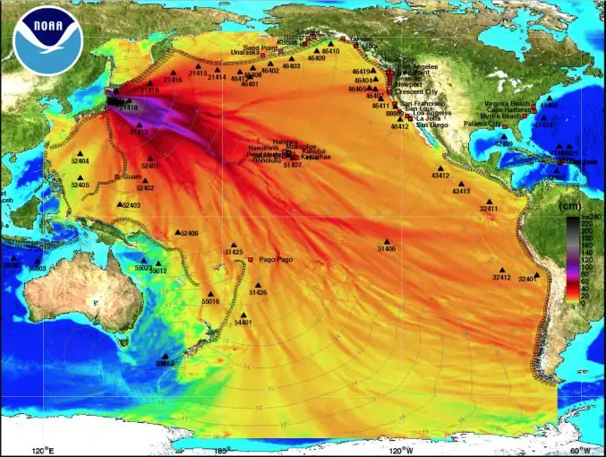 Ocean energy distribution forecast map for the 2011 Sendai earthquake. Image by US NOAA. 2018.