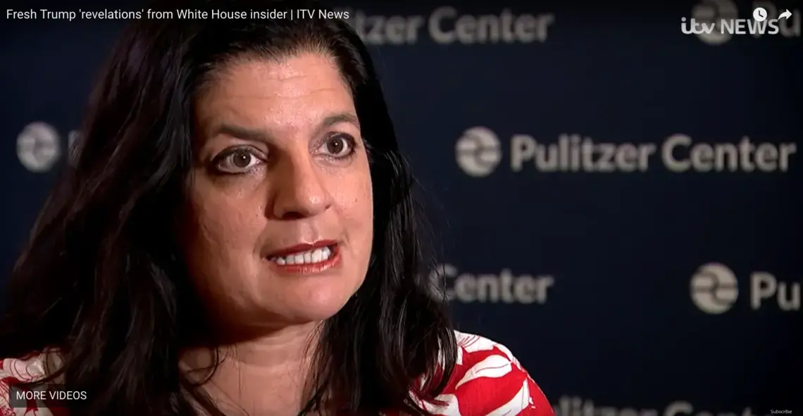 Indira Lakshmanan discusses Bob Woodward's book 'Fear' and its impact on the Trump administration. Image courtesy of ITV. Washington, DC, 2018.