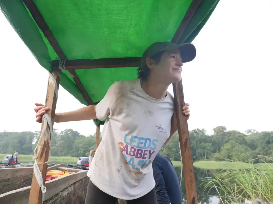 Greta Dargie in the Democratic Republic of the Congo on a survey of peatlands there. Image by Daniel Grossman. Democratic Republic of the Congo, 2019.
