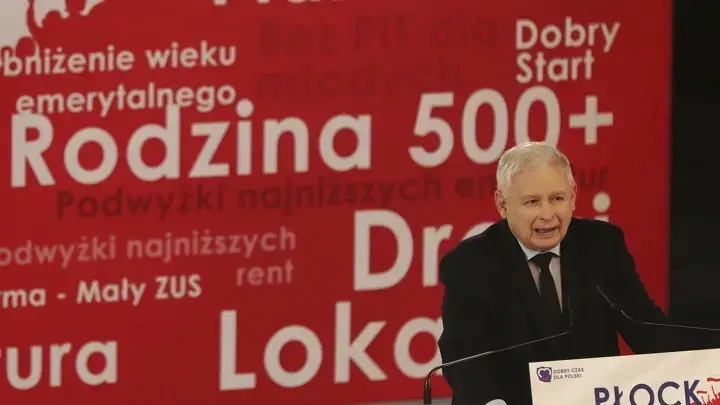 Jaroslaw Kaczyński, the leader of Poland's governing party, and his colleagues have appealed to voters with the Family 500+ program. Image by Czarek Sokolowski. Poland, 2019.