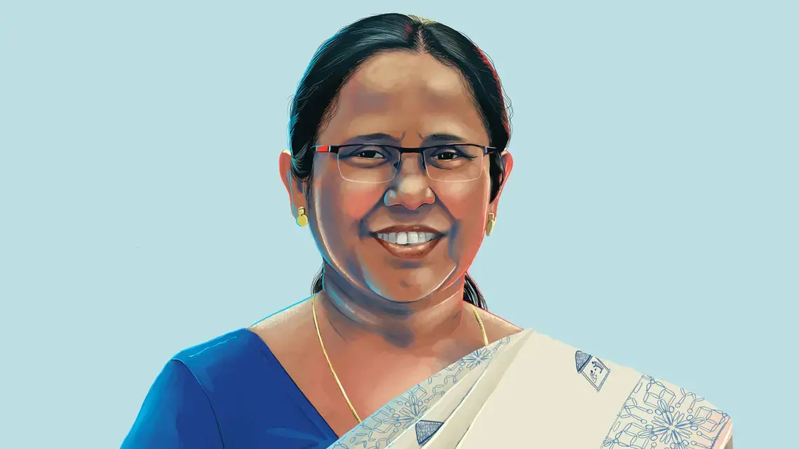 “Until we get a vaccine, all of us will have to sacrifice some pleasures in our lives,” says K. K. Shailaja, health minister of India’s Kerala state. Illustration by Katty Huertas / Science Magazine. ​​​​​​​United States, 2020.