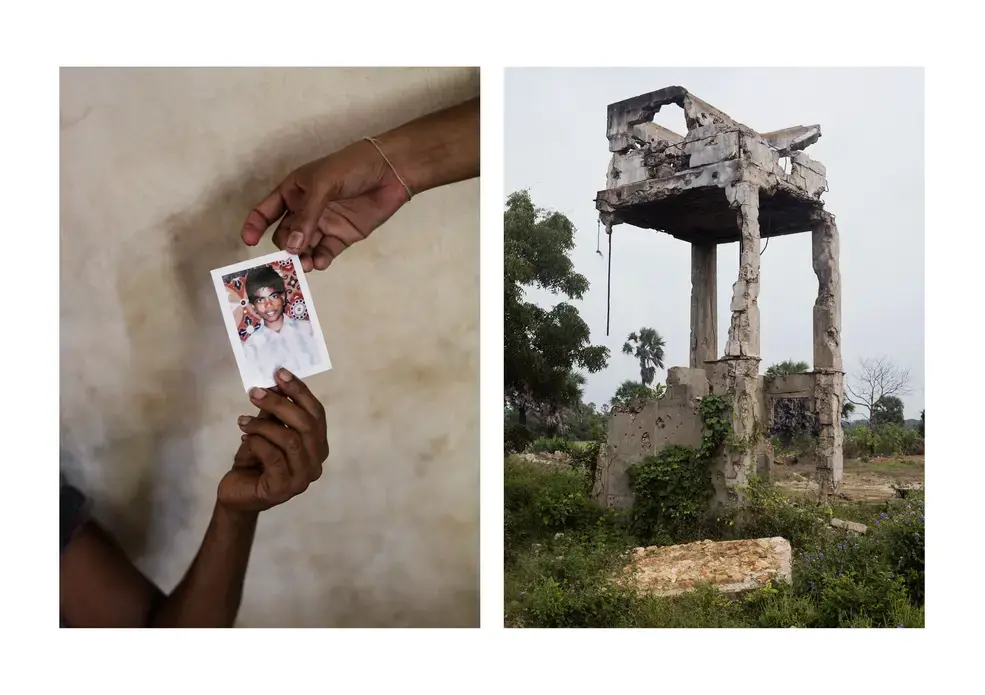 Diptych. Left: Jeyarani Vaiththeeswaran and her daughter hold a photograph of their missing son and brother, Antany. Antany has been missing since 2009 after being captured by the Sri Lankan Army as the family was fleeing air bombardment of their village during the last days of the Civil War. She and her family also lost their land after the Army occupied their fields. Jeyarani now lives in Keppapulavu with the rest of her family in a makeshift home and is forced to work at a peanut farm to make ends meet…