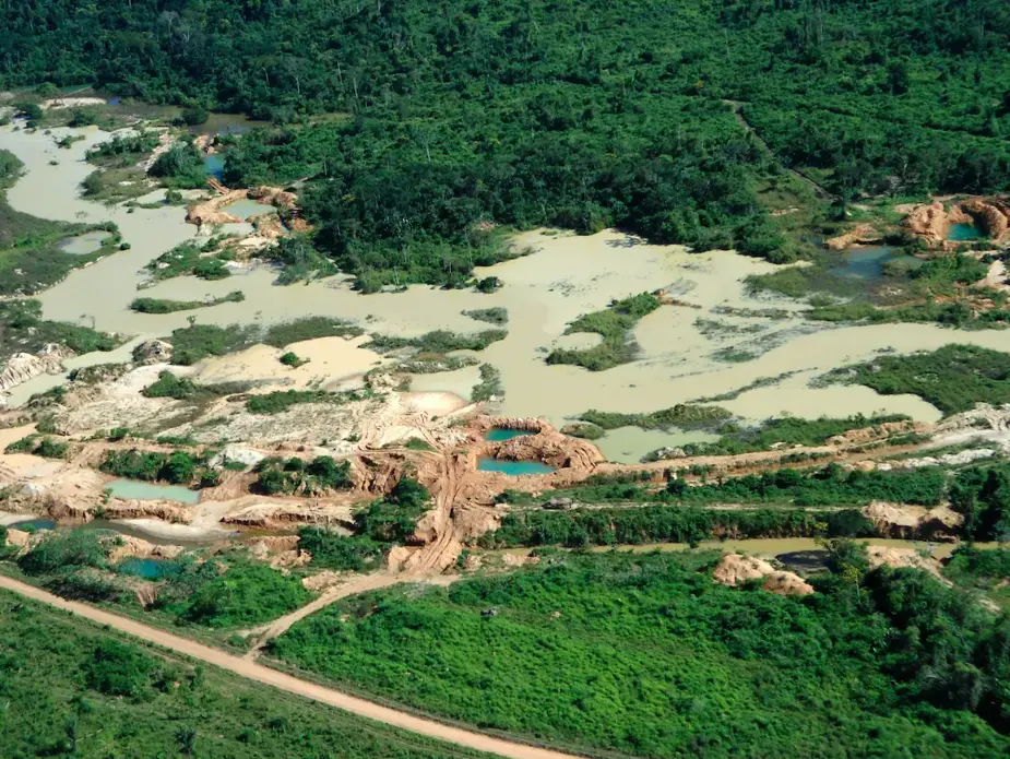 Aerial view of gold mining area in Amazon forest region in Pará. Image by Tarcisio Schnaider/Shutterstock. Brazil. Aerial view of gold mining area in Amazon forest region in Pará. Image by Tarcisio Schnaider/Shutterstock. Brazil, date unknown.