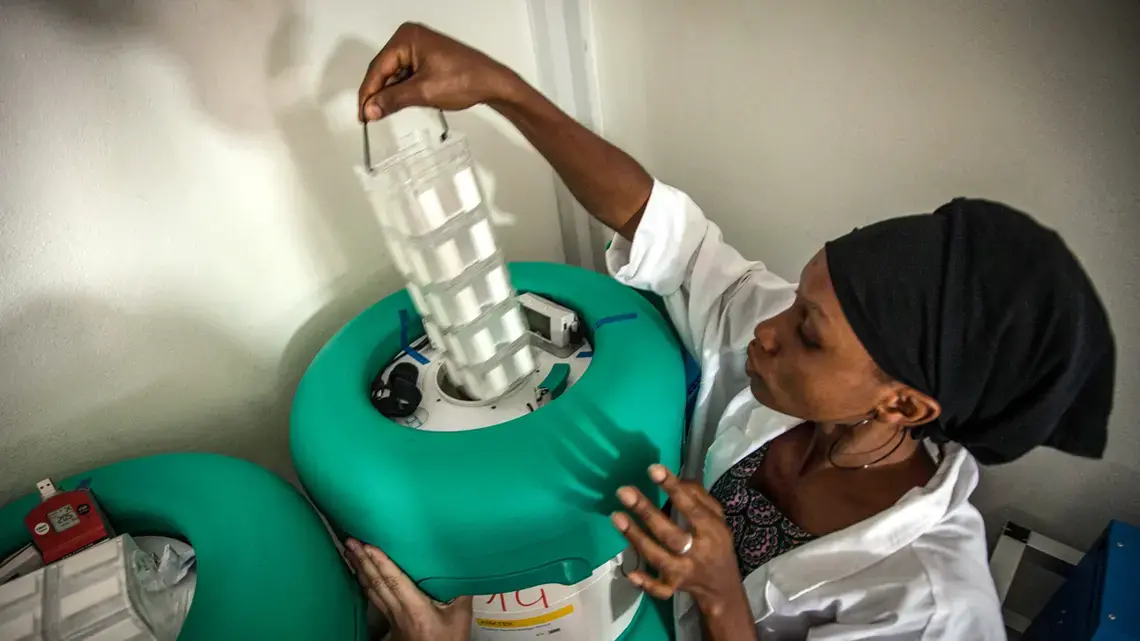 Arktek containers, which kept Ebola vaccines at –80°C in sub-Saharan Africa, could be used to transport COVID-19 vaccines that require similar temperatures. Image courtesy of World Health Organization.