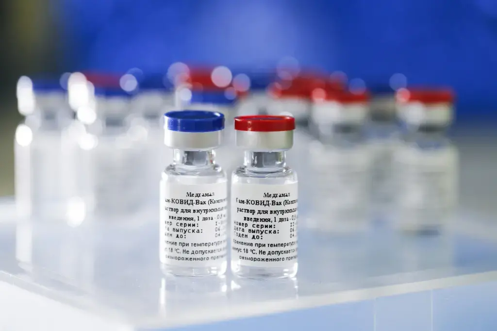 Vials of the Sputnik V vaccine. Image courtesy of The Gamaleya Center. Russia, 2020.