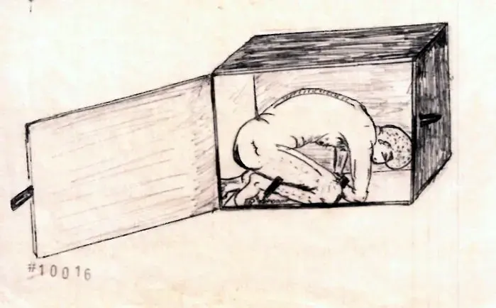 An image drawn by Abu Zubaydah, a prisoner at Guantánamo Bay, shows how the C.I.A. applied an approved torture technique called “cramped confinement.” Image by Abu Zubaydah, courtesy of Mark P. Denbeaux.