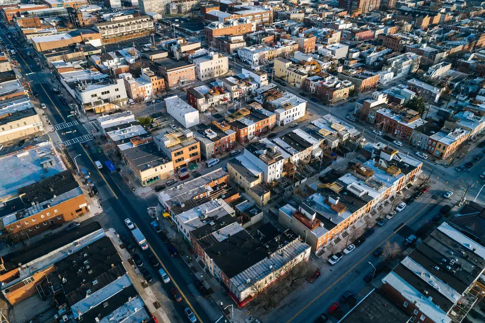 Aerial view of Highlandtown in Baltimore, Maryland. Image by Jon Bilous / Shutterstock. United States, undated.