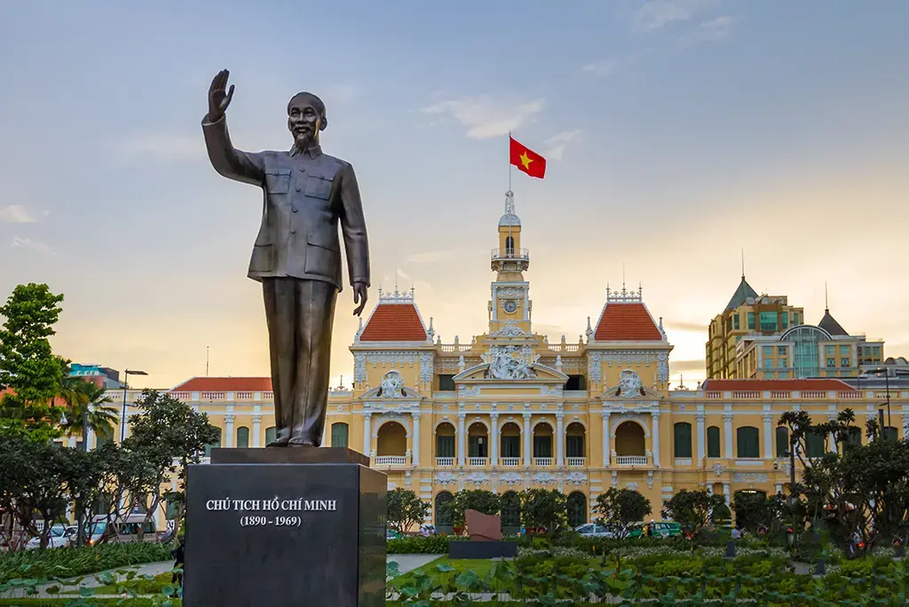 Ho Chi Minh statue in front of City Hall, Saigon, Ho Chi Minh City, Vietnam. Image by Shutterstock. Vietnam, 2018.