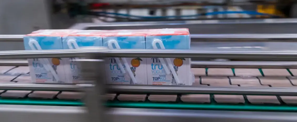 Boxes of yogurt whiz by before being packaged at TH Milk's operations in Nghia Son, Vietnam. Image by Mark Hoffman. Vietnam, 2019. 