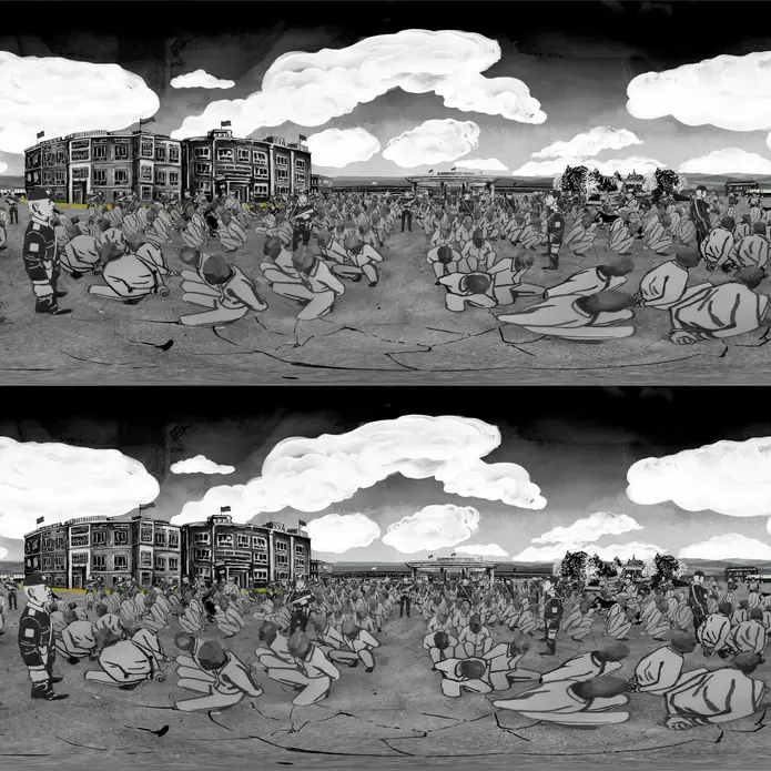 Black and white illustrations of prisoners in a yard.