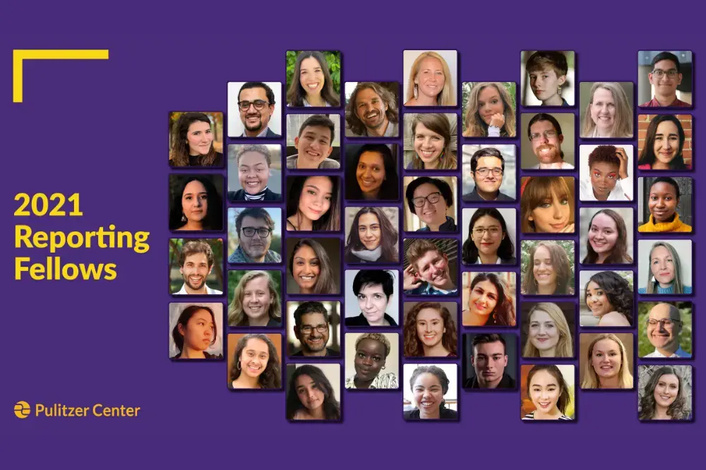 A grid of 48 headshots of college students on a purple background. Text: 2021 Reporting Fellows. Pulitzer Center.