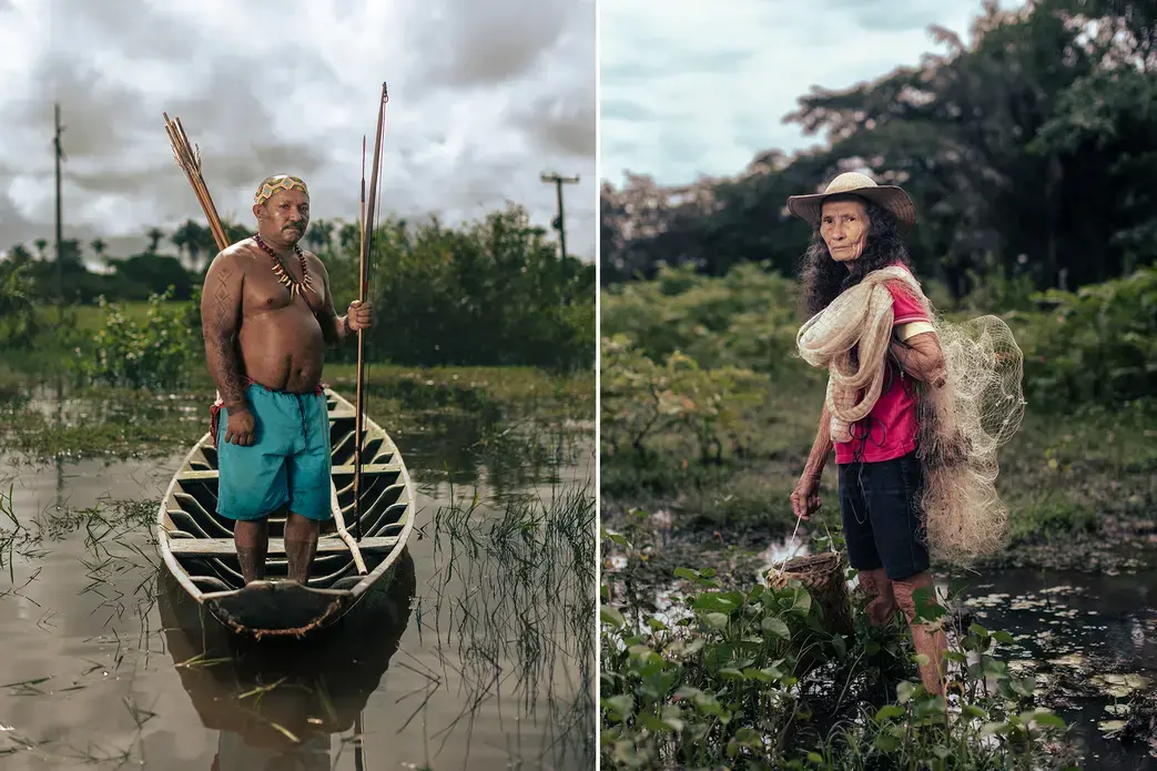 Two images. In the first, a man stands in blue swim trunks inside of a small wooden canoe. In the second, an elderly woman holds a fishing net as she stands in a marsh. Both are posing for their portraits.