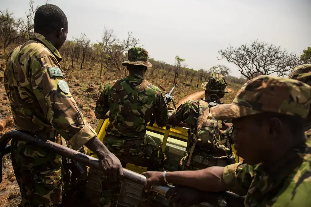 On the back of a 4x4, a unit of rangers heads back to base through the parched trees on Chinko’s savannah. The training process is stringent and the men face well-armed poachers when on patrol. Image by Jack Losh. Central African Republic, 2018.
