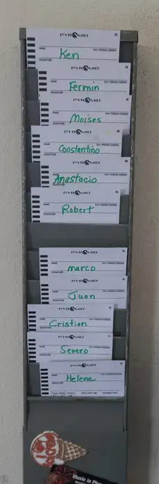 Employee timecards at Rosenholm Dairy in Cochrane. The farm employs nine workers who are immigrants from Mexico. Image by Mark Hoffman. United States, 2019.