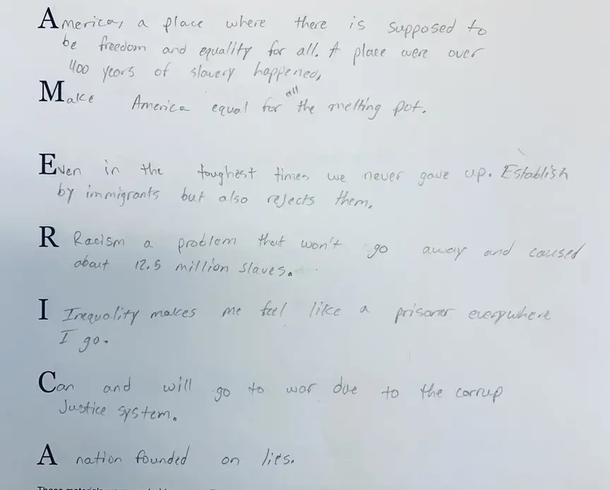 Image of a students acrostic poem inspired by the opening essay by Nikole Hannah-Jones for The 1619 Project
