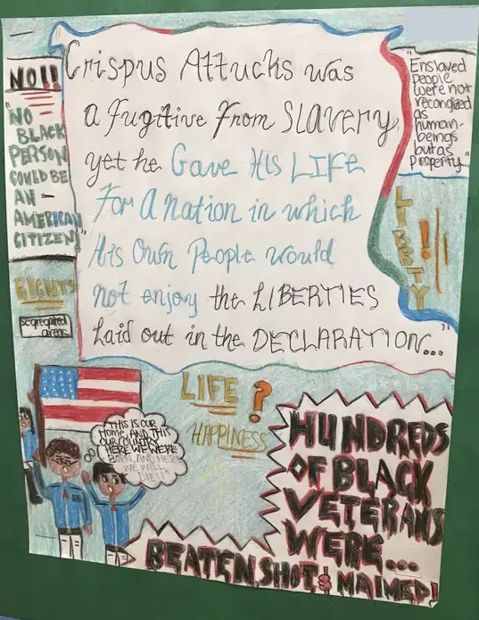 Image of a students story of Crispus Attucks as part of a&nbsp;visual art piece inspired by The 1619 Project